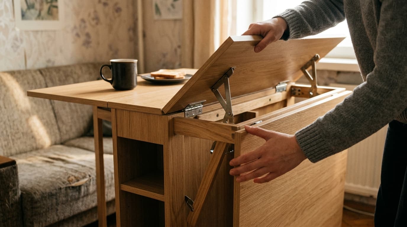 Почему стол-книжка экономит 80% площади в однокомнатной квартире: 3 сценария трансформации от завтрака до домашнего офиса